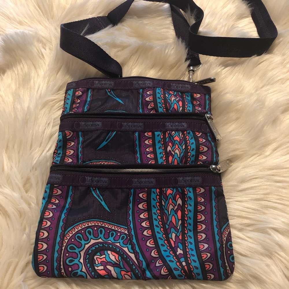 Leaportsac purple paisley triple zip crossbody